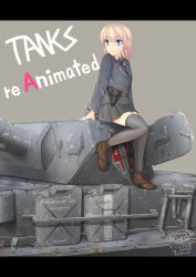 Rule 34 | 1girl, black thighhighs, blonde hair, blue eyes, english text, grey background, jerry can, letterboxed, long hair, military, military uniform, military vehicle, motor vehicle, original, panzer iv, panzer iv, rico (remilia), skirt, soldier, tank, thighhighs, uniform, world of tanks