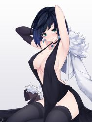 Rule 34 | 1girl, absurdres, arms behind head, arms up, bare shoulders, black thighhighs, blue hair, blush, bob cut, breasts, choker, cleavage, covered navel, dark blue hair, dress, earrings, elbow gloves, feint721, genshin impact, gloves, green eyes, grin, halter dress, halterneck, highres, hip vent, jacket, jewelry, large breasts, looking at viewer, mole, mole on breast, plunging neckline, single elbow glove, sitting, smile, thighhighs, yelan (genshin impact)