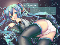 Rule 34 | 1girl, ass, bent over, cameltoe, chiri (nito), cleft of venus, detached sleeves, english text, engrish text, green hair, hatsune miku, headphones, long hair, panties, ranguage, skirt, solo, thighhighs, twintails, underwear, upskirt, vocaloid, wallpaper