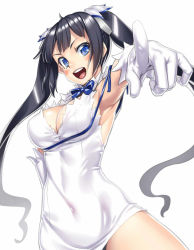 Rule 34 | &gt;:d, 10s, 1girl, :d, arm ribbon, armpits, black hair, blue eyes, blush, breasts, cleavage, cleavage cutout, clothing cutout, dress, dungeon ni deai wo motomeru no wa machigatteiru darou ka, female focus, gloves, h kasei, hair ornament, hair ribbon, hestia (danmachi), large breasts, long hair, looking at viewer, open mouth, pointing, pointing at viewer, rei no himo, ribbon, smile, solo, twintails, v-shaped eyebrows, white dress, white gloves