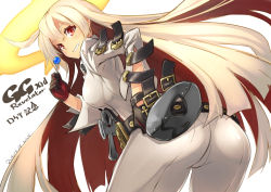 Rule 34 | 1girl, ahoge, ankh, ass, black hair, breasts, candy, spiked halo, dated, food, from behind, grin, guilty gear, guilty gear xrd, guilty gear xrd: revelator, halo, jack-o&#039; valentine, leaning forward, lollipop, long hair, looking at viewer, looking back, mask, red eyes, revision, shingo (missing link), simple background, smile, solo, very long hair, white background