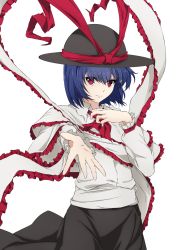 Rule 34 | 1girl, aono meri, ascot, bad id, bad twitter id, black skirt, blue hair, capelet, closed mouth, foreshortening, frills, hat, hat ribbon, highres, long sleeves, looking at viewer, nagae iku, outstretched arm, reaching, reaching towards viewer, red eyes, red ribbon, ribbon, shawl, shirt, short hair, simple background, skirt, smile, solo, touhou, white background, white shirt