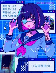 1girl artist_name bandage_on_face bandage_over_one_eye bandages black_choker black_hair blue_background blue_skirt blue_theme bob_cut choker claw_pose dated eyepatch fang looking_at_viewer medical_eyepatch multicolored_hair nanami_yuki_(yuki77mi) neckerchief open_mouth original pendant_choker pink_eyes pink_hair pink_neckerchief pixel_art pleated_skirt sailor_collar school_uniform serafuku shirt short_hair skirt solo upper_body user_interface white_shirt window_(computing)