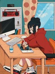 Rule 34 | 1girl, air max, artist self-reference, black hair, blue sky, blunt bangs, book, bookshelf, boombox, can, clock, computer, curtains, day, digital clock, double bun, drawing, drink can, figure, from side, hair bun, hair ornament, hairclip, highres, holding, holding stylus, hood, hood down, hoodie, indoors, keyboard (computer), long sleeves, monitor, mouse (computer), nao97122, nike (company), on chair, original, profile, red hoodie, shoes, short hair, sidelocks, sitting, sky, sneakers, socks, soda can, solo, streetwear, stylus, tablet pc, white footwear, white socks, window