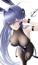 Rule 34 | 1girl, absurdres, animal ears, armlet, azur lane, bare shoulders, black legwear, blue eyes, blue hair, blush, bodystocking, breasts, cleavage, fake animal ears, from above, headgear, highres, large breasts, leaning forward, leotard, looking at viewer, nail polish, new jersey (azur lane), new jersey (exhilarating steps!) (azur lane), one eye closed, playboy bunny, rabbit ears, see-through, see-through cleavage, smile, v, you (yoyou)