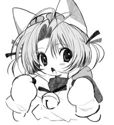 Rule 34 | 1girl, animal ears, animal hat, bell, cat ears, cat hat, dejiko, di gi charat, gloves, greyscale, hair ribbon, hands up, hat, highres, jingle bell, looking at viewer, monochrome, neck bell, pepeppepe101, ribbon, screentones, short hair, simple background, solo, two side up, upper body, white background