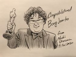 Rule 34 | 1boy, academy award of merit, artist name, bon joon ho, bow, bowtie, congratulations, curly hair, dated, english text, glasses, grin, highres, male focus, parasite (film), real life, smile, statue, urasawa naoki