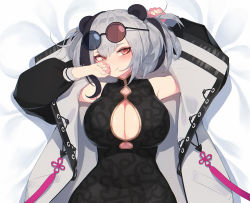 Rule 34 | 1girl, animal ears, arknights, black dress, blush, breasts, china dress, chinese clothes, cleavage, cleavage cutout, closed mouth, clothing cutout, coat, dress, eyewear on head, feater (arknights), hair between eyes, hand on own face, jacket, large breasts, looking at viewer, lying, multicolored clothes, multicolored coat, multicolored hair, multicolored jacket, on back, panda, panda ears, pepper0, purple-tinted eyewear, round eyewear, short hair, smile, solo, streaked hair, sunglasses, sunglasses on head, tinted eyewear, two-tone coat, two-tone jacket