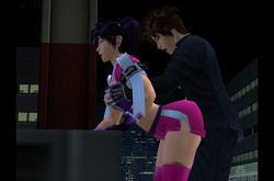 Rule 34 | 1boy, 1girl, 3d, bloody roar, grabbing another&#039;s breast, city, closed eyes, clothed sex, fingerless gloves, gloves, grabbing, grabbing from behind, hetero, leaning forward, midriff, night, pink shorts, pink thighhighs, sex, sex from behind, short hair, short shorts, shorts, thighhighs, tsukagami alice