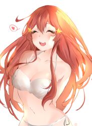 Rule 34 | 1girl, :d, absurdres, arms behind back, bikini, breasts, cleavage, closed eyes, collarbone, facing viewer, go-toubun no hanayome, hair between eyes, hair ornament, heart, highres, large breasts, long hair, nakano itsuki, navel, open mouth, red hair, side-tie bikini bottom, smile, solo, spoken heart, star (symbol), star hair ornament, suimo (suimodayo), swimsuit, white bikini