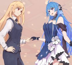 Rule 34 | 2girls, ahoge, azur lane, bare shoulders, black gloves, black neckwear, blonde hair, blue hair, breasts, cleveland (azur lane), cleveland (gentry knight) (azur lane), collared shirt, commentary request, dress, gloves, helena (azur lane), helena (may i have this dance?) (azur lane), highres, holding hands, long hair, long sleeves, looking at another, marshall k, multiple girls, necktie, one side up, open mouth, pants, purple eyes, red eyes, shirt, smile, star (symbol), very long hair, white shirt