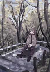 Rule 34 | 1girl, :d, absurdres, black footwear, black pants, blue sky, blush, brown hair, closed eyes, day, facing viewer, fang, forest, full body, grey jacket, highres, jacket, long bangs, long hair, long sleeves, nature, open clothes, open jacket, open mouth, original, outdoors, own hands together, pants, shadow, shoes, sidelocks, sitting, sky, smile, solo, straight hair, tree, yunoki itsugu