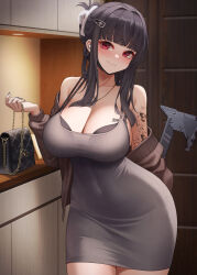 Rule 34 | 1girl, arm tattoo, bare shoulders, black bra, black hair, blunt bangs, blush, bra, bra peek, breast tattoo, breasts, brown jacket, cleavage, closed mouth, collarbone, covered navel, d (killer wife) (nikke), d (nikke), dress, goddess of victory: nikke, grey dress, hair ornament, hairclip, half updo, highres, jacket, jewelry, large breasts, long hair, long sleeves, looking at viewer, necklace, off shoulder, red eyes, sidelocks, smile, solo, tattoo, underwear, wei xiao