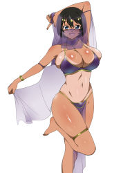 Rule 34 | 1girl, :d, arm up, armpits, black hair, blue eyes, bracelet, breasts, bursting breasts, cleavage, curvy, dancer, fang, hair between eyes, highres, jewelry, kagemusha, large breasts, leg up, loincloth, looking at viewer, navel, one-piece tan, open mouth, original, short hair, skindentation, smile, solo, stomach, tan, tanline, thighlet, veil, wide hips