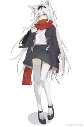 Rule 34 | 1girl, ahoge, alternate costume, animal ears, black coat, black footwear, black hairband, black skirt, blush, bow, center-flap bangs, chinese commentary, coat, commentary, covered mouth, footwear bow, full body, grey eyes, hairband, heterochromia, high heels, highres, kylin 47, long hair, long scarf, looking at viewer, no.21 (punishing: gray raven), open clothes, open coat, pleated skirt, punishing: gray raven, red scarf, scarf, shadow, shirt, shirt tucked in, shoes, simple background, skirt, solo, standing, tachi-e, thighhighs, very long hair, weibo logo, weibo watermark, white background, white hair, white shirt, white thighhighs, zettai ryouiki