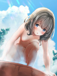 Rule 34 | 1girl, bathing, blue eyes, blue sky, blush, breast press, breasts, brown hair, cleft of venus, cloud, commentary, commentary request, completely nude, convenient censoring, cumulonimbus cloud, day, drum (container), drum bath, embarrassed, female pubic hair, from below, hair between eyes, highres, knee up, light brown hair, light rays, looking at viewer, looking down, medium hair, nude, original, outdoors, paid reward available, parted lips, partial commentary, pubic hair, pussy, refraction, sky, small breasts, solo, squatting, steam, steam censor, sunbeam, sunlight, tachiinu, timid girl (tachiinu), tree, wavy hair