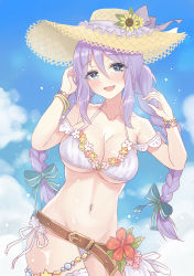 Rule 34 | 1girl, :d, bare shoulders, belt, bikini, blue eyes, blush, bow, bracelet, braid, breasts, cleavage, cloud, collarbone, commentary request, constricted pupils, contrapposto, cowboy shot, eyelashes, flower, hair between eyes, hair bow, hat, hibiscus, jewelry, kohana (princessxhana), lace trim, large breasts, long bangs, long hair, looking at viewer, navel, off-shoulder bikini, off shoulder, open mouth, outdoors, princess connect!, purple hair, shizuru (princess connect!), shizuru (summer) (princess connect!), side-tie bikini bottom, sky, smile, solo, standing, straw hat, sunflower, swimsuit, thigh strap, twin braids, wet, white bikini