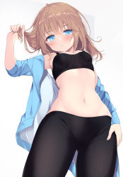 1girl arm_up armpits bare_shoulders black_shirt blue_eyes blue_jacket blush breasts brown_hair commentary_request cowboy_shot crop_top from_below groin highres holding holding_own_hair jacket leggings long_hair looking_at_viewer midriff navel off_shoulder open_clothes open_jacket original parted_lips sasahara_wakaba shirt short_sleeves simple_background sleeveless sleeveless_shirt small_breasts solo stomach white_background