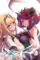 Rule 34 | 2girls, asymmetrical docking, bad id, bad pixiv id, blonde hair, breast press, breasts, cleavage, closed mouth, dragon girl, dragon horns, dragon tail, dual persona, fantasy, female focus, horns, large breasts, long hair, looking at viewer, matching hair/eyes, mitsu (mitsu art), multiple girls, mythra (xenoblade), nintendo, patreon username, pointy ears, pyra (xenoblade), red eyes, red hair, scales, short hair, simple background, tail, white background, xenoblade chronicles (series), xenoblade chronicles 2, yellow eyes