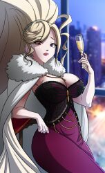 Rule 34 | alcohol, breasts, building, cleavage, dress, feather boa, heterochromia, high ponytail, highres, hilda (under night in-birth), jewelry, large breasts, long hair, necklace, pink dress, pink lips, ponytail, rowanism, skyscraper, swept bangs, under night in-birth, very long hair, wine