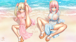 Rule 34 | 2girls, ass, beach, blonde hair, blue eyes, blush, breasts, bulge, closed mouth, covered navel, daisy mitsumata, dress, erection, erection under clothes, full body, futanari, hair ornament, high heels, highres, large breasts, leg lift, leg up, looking at viewer, multiple girls, multiple penises, nipples, original, penis, penis size difference, pink hair, platform footwear, see-through, siblings, sisters, small breasts, smile, split, spread legs, testicle peek, testicles, toes, twintails, water, wet, wet clothes