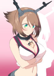 Rule 34 | 10s, 1girl, animalization, bare shoulders, between breasts, blew andwhite, breasts, brown hair, cleavage, crop top, gloves, gradient background, green eyes, hairband, headgear, highres, kantai collection, midriff, mutsu (kancolle), mutsu (kantai collection), mutsu (snail), navel, short hair, smile, solo