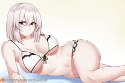 Rule 34 | 1girl, aslindsamure, azur lane, bare shoulders, bikini, blush, breasts, cleavage, closed mouth, collarbone, commentary, front-tie bikini top, front-tie top, hair between eyes, large breasts, looking at viewer, lying, navel, on side, red eyes, short hair, sirius (azur lane), solo, swimsuit, thighs, underwear, white bikini, white hair