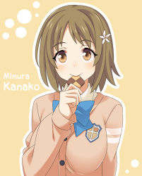 Rule 34 | 10s, blush, breasts, brown eyes, brown hair, character name, chocolate, commentary request, cookie, dot nose, eating, flower, food, hair flower, hair ornament, holding, holding chocolate, holding cookie, holding food, idolmaster, idolmaster cinderella girls, large breasts, looking at viewer, mimura kanako, ra-pen, short hair, smile, solo, uniform, upper body, yellow background