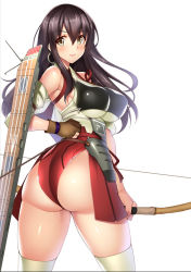 Rule 34 | 10s, 1girl, adapted costume, akagi (kancolle), armor, ass, bad anatomy, bare shoulders, bow (weapon), breasts, brown eyes, brown hair, closed mouth, commentary request, detached sleeves, faulds, flight deck, from behind, gloves, holding, holding bow (weapon), holding weapon, kantai collection, large breasts, leotard, lips, long hair, looking at viewer, looking back, muneate, partially fingerless gloves, partly fingerless gloves, shiny skin, smile, standing, straight hair, takeda aranobu, thighhighs, twisted torso, weapon, white thighhighs, yugake