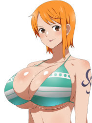 Rule 34 | 1girl, bikini, bikini top only, blush, breasts, cleavage, commentary request, highres, huge breasts, kagemusha, looking at viewer, nami (one piece), one piece, orange eyes, orange hair, shiny skin, short hair, simple background, swimsuit, tattoo, tongue, tongue out, underboob, upper body, white background