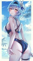 Rule 34 | 1girl, ai (sigatutoukaa), ass, bikini, black hairband, blue hair, breasts, butterfly hair ornament, cowboy shot, eula (genshin impact), genshin impact, gradient eyes, hair ornament, hairband, highres, large breasts, looking at viewer, looking back, medium hair, multicolored eyes, ocean, open mouth, outdoors, sideboob, sky, solo, swimsuit, thigh strap, twitter username