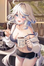 Rule 34 | 1girl, :d, ahoge, alternate breast size, alternate costume, bare shoulders, black shorts, blue eyes, blue hair, blush, bottle, breasts, cameo, camisole, character print, cleavage, coffee, coffee maker, coffee mug, collarbone, commentary, commentary request, contemporary, cowboy shot, cowlick, crop top, cup, dasha, dolphin shorts, drop-shaped pupils, fang, furina (genshin impact), genshin impact, heterochromia, highres, holding, holding cup, indoors, light blue hair, long hair, looking at viewer, mask, mask pull, medium breasts, midriff, mismatched pupils, mouth mask, mug, multicolored hair, navel, neuvillette (genshin impact), open mouth, ponytail, short shorts, shorts, skin fang, smile, solo, spaghetti strap, stomach, strap slip, symbol-shaped pupils, thighs, twintails, underwear, v, white hair