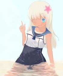 Rule 34 | 10s, 1girl, :d, blue eyes, collarbone, eyebrows, female focus, hair ornament, kantai collection, long hair, looking at viewer, one eye closed, open mouth, partially submerged, ro-500 (kancolle), silver hair, simple background, sleeveless, smile, solo, star (symbol), star hair ornament, swimsuit, swimsuit under clothes, tan, tanline, too young too high, water