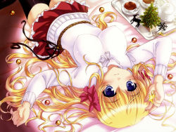 Rule 34 | 1girl, absurdres, bed, bekkankou, black thighhighs, blonde hair, blue eyes, blush, breasts, christmas, covered erect nipples, cup, fortune arterial, hair ribbon, highres, impossible clothes, impossible shirt, impossible sweater, long hair, looking at viewer, lying, on back, ribbon, sendou erika, shirt, skirt, solo, star (symbol), sweater, thighhighs, very long hair, wavy mouth, yano takumi, zettai ryouiki
