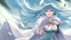 Rule 34 | 1girl, ahoge, aqua eyes, aqua hair, blue dress, breasts, cape, cleavage, commentary, dress, elbow gloves, facing viewer, fur cape, gloves, hand on own chest, large breasts, long hair, music, open mouth, sebu illust, singing, single elbow glove, solo, upper body, vivy, vivy: fluorite eye&#039;s song, white cape, white gloves