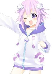 Rule 34 | 10s, 1girl, blush, buran buta, choker, d-pad, d-pad hair ornament, flat chest, hair ornament, highres, jacket, looking at viewer, neptune (neptunia), neptune (series), open mouth, parka, purple eyes, purple hair, short hair, simple background, smile, solo, white background