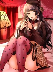 Rule 34 | 1girl, :d, agetama, ass, beret, black hair, blunt bangs, breasts, earrings, frills, hat, highres, idolmaster, idolmaster shiny colors, jewelry, lamp, looking at viewer, mayuzumi fuyuko, on bed, open mouth, pillow, pink thighhighs, polka dot, polka dot legwear, sitting, skirt, smile, solo, teeth, thighhighs