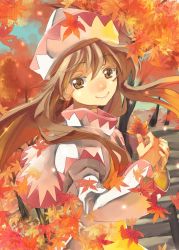 Rule 34 | 1girl, autumn, brown eyes, brown hair, capelet, female focus, hat, leaf, light particles, lily white, long hair, looking at viewer, maple leaf, smile, solo, touhou, tree, upper body, yohane