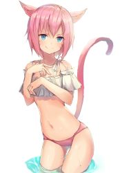 Rule 34 | 1girl, animal ears, bare shoulders, bikini, blue eyes, cat ears, cat girl, cat tail, closed mouth, facial mark, final fantasy, final fantasy xiv, highres, miqo&#039;te, navel, pink hair, short hair, simple background, smile, solo, swimsuit, tail, tail raised, tota (sizukurubiks), v-shaped eyebrows, wading, water, white background