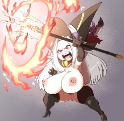 Rule 34 | absurdres, breasts, breasts on lap, choker, final fantasy, final fantasy xiv, hat, highres, huge breasts, lalafell, magic, nipple piercing, nipples, nuclear wasabi, piercing, pussy, red eyes, shortstack, thighhighs, white hair, witch hat