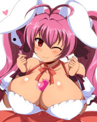 Rule 34 | 1girl, afuro, animal ears, between breasts, blush, breasts, rabbit ears, cleavage, collarbone, di gi charat, dress, female focus, hair ornament, huge breasts, long hair, long skirt, long twintails, looking at viewer, purple hair, red eyes, sexually suggestive, simple background, skirt, smile, solo, twintails, upper body, usada hikaru, white background, wink