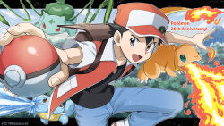 Rule 34 | 1boy, :d, anniversary, badge, baseball cap, black hair, black shirt, blue pants, bulbasaur, charmander, commentary request, copyright name, creatures (company), fire, flame-tipped tail, game freak, gen 1 pokemon, hat, highres, holding, holding poke ball, jacket, kibisakura2, male focus, nintendo, open clothes, open jacket, open mouth, outstretched arms, pants, plant, poke ball, poke ball (basic), pokemon, pokemon (creature), pokemon rgby, red (pokemon), shirt, shoes, short sleeves, smile, squirtle, starter pokemon trio, tongue, vines, water, white footwear