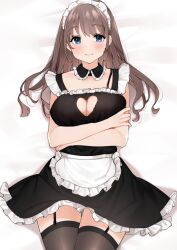 Rule 34 | 1girl, apron, arms under breasts, black dress, black garter straps, black thighhighs, blue eyes, breasts, brown hair, cleavage, cleavage cutout, closed mouth, clothing cutout, commentary request, dress, frilled apron, frilled dress, frills, garter straps, hand on own arm, heart cutout, large breasts, light smile, long hair, looking at viewer, lying, maid, maid headdress, on back, original, sakura no tomoru hi e, sleeveless, sleeveless dress, solo, thighhighs, waist apron, white apron