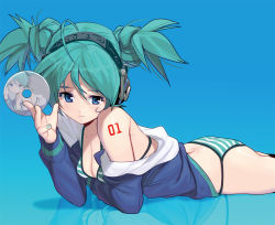 Rule 34 | 1girl, ahoge, alternate eye color, alternate hair length, alternate hairstyle, ass, bikini, blue eyes, breasts, cd, cleavage, cowboy shot, double bun, green hair, hair bun, hatsune miku, headphones, jacket, kouno (masao), lying, medium breasts, nail polish, no pants, off shoulder, on stomach, open clothes, open jacket, recursion, reflection, reflective floor, short twintails, solo, striped bikini, striped clothes, swimsuit, tattoo, twintails, vocaloid