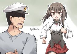 Rule 34 | 1boy, 1girl, admiral (kancolle), bike shorts, brown eyes, brown hair, commentary request, cowboy shot, flat chest, hat, headband, headgear, kantai collection, muneate, one-hour drawing challenge, open mouth, peaked cap, pleated skirt, red skirt, running, short hair, skirt, sweat, nervous sweating, taihou (kancolle), twitter username, upper body, white headwear, yukiharu