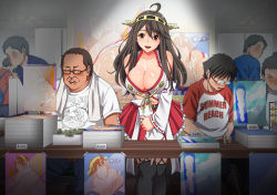 Rule 34 | 1girl, 6+boys, banknote, bare shoulders, black eyes, black hair, blush, breasts, character print, cleavage, clothes writing, convention, cosplay, detached sleeves, doujin (object), embarrassed, english text, faceless, faceless male, fat, fat man, glasses, haruna (kancolle), headgear, highres, indoors, jall boint, japanese clothes, kantai collection, kongou (kancolle), kongou (kancolle) (cosplay), large breasts, legs, long hair, looking at viewer, looking back, money, multiple boys, murasame nohito, navel, no eyes, opaque glasses, original, otaku, parted lips, pornography, price, print shirt, public indecency, raglan sleeves, red skirt, shiny skin, shirt, sitting, skirt, smile, standing, table, thighhighs, thighs