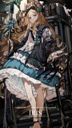 Rule 34 | 1girl, a chxoblc, absurdres, animal ears, arknights, black jacket, blue eyes, blue nails, blue ribbon, blue skirt, brown hair, character name, closed mouth, commentary request, forehead, frilled skirt, frills, highres, iris (arknights), jacket, long hair, looking at viewer, nail polish, open clothes, open jacket, parted bangs, ribbon, ribbon-trimmed skirt, ribbon trim, shirt, skirt, solo, standing, very long hair, white shirt