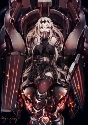 Rule 34 | 10s, 1girl, abyssal ship, aircraft carrier water oni, armor, armored boots, bare shoulders, black dress, black thighhighs, boots, breasts, bubble, colored skin, detached sleeves, dress, frills, genyaky, hair ornament, kantai collection, large breasts, light particles, long hair, long sleeves, machinery, ribbed dress, sailor dress, short dress, solo, striped, thighhighs, turret, very long hair, white hair, white skin, yellow eyes, zettai ryouiki