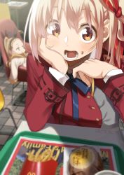 Rule 34 | 2girls, blonde hair, blue eyes, bob cut, chair, dress, elbow rest, fast food, food, food on face, french fries, grey dress, hair ribbon, hand on own cheek, hand on own face, head rest, highres, holding, holding food, indoors, kurumi (lycoris recoil), long hair, long sleeves, lycoris recoil, lycoris uniform, mcdonald&#039;s, multiple girls, nishikigi chisato, open mouth, red dress, red eyes, red ribbon, ribbon, short hair, sitting, table, tray, two-tone dress, yuuzii