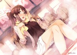 Rule 34 | 1girl, :d, alternate hairstyle, blush, breasts, brown eyes, brown hair, dutch angle, end card, hair ornament, iida nana, long hair, looking at viewer, medium breasts, onsen, open mouth, ponytail, rail wars!, revision, shirt, sitting, skirt, smile, soaking feet, solo, steam, sweat, towel, towel around neck, vania600, watch, water, wet, wristwatch